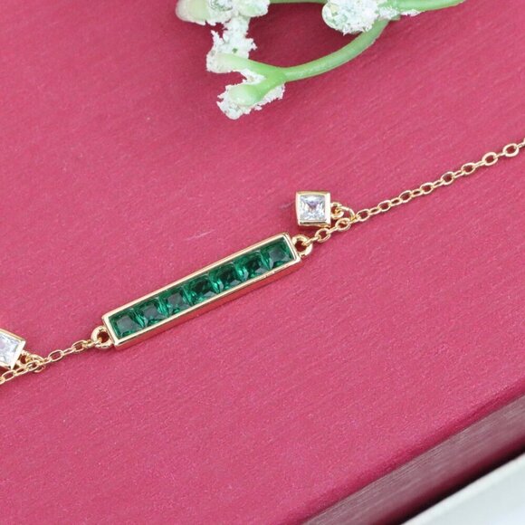 "Emerald Green Bar Charm Rose Gold Bracelet with CZ Accents, XPBL0806 - Picture 10 of 11